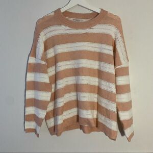 FRNCH Paris Sweater Pink White Striped Knit Perforated Crewneck Casual Trendy